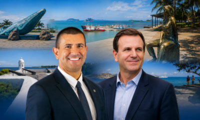 Douglas Ruas e Eduardo Paes em montagem com referências da Costa do Sol e Norte Fluminense, regiões estratégicas na disputa pelo governo do RJ em 2026. Crédito: IA/Clique Diário.