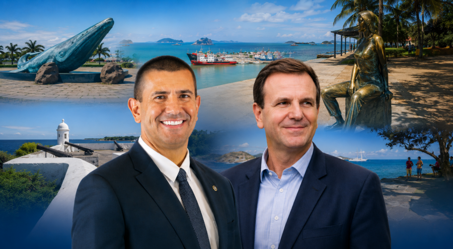 Douglas Ruas e Eduardo Paes em montagem com referências da Costa do Sol e Norte Fluminense, regiões estratégicas na disputa pelo governo do RJ em 2026. Crédito: IA/Clique Diário.